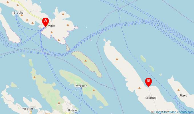 Map of ferry route between Molat and Sestrunj